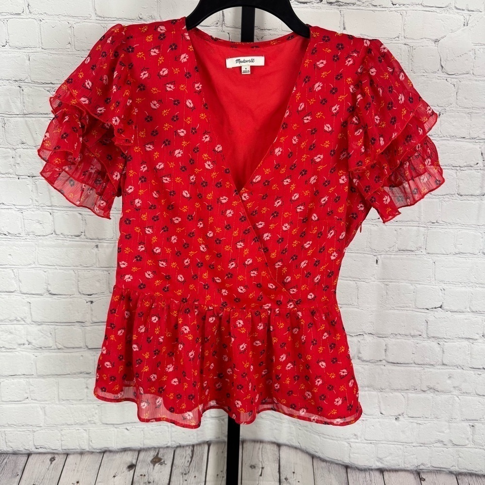 Madewell Tiered Sleeve Peplum Top In Metallic Prairie Posies Size 4